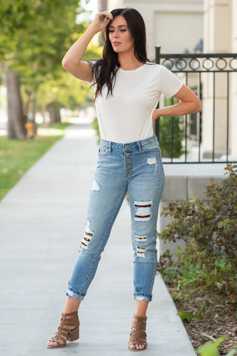 High Rise Button Fly Leopard Patch Skinny