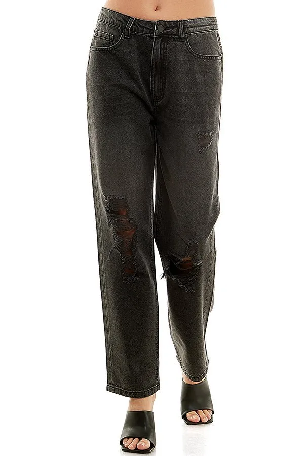 HIGH RISE RIPPED SLIM STRAIGHT JEANS
