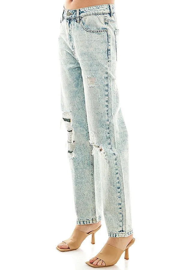 HIGH RISE RIPPED SLIM STRAIGHT JEANS