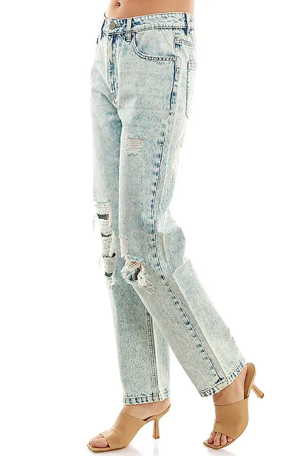 HIGH RISE RIPPED SLIM STRAIGHT JEANS
