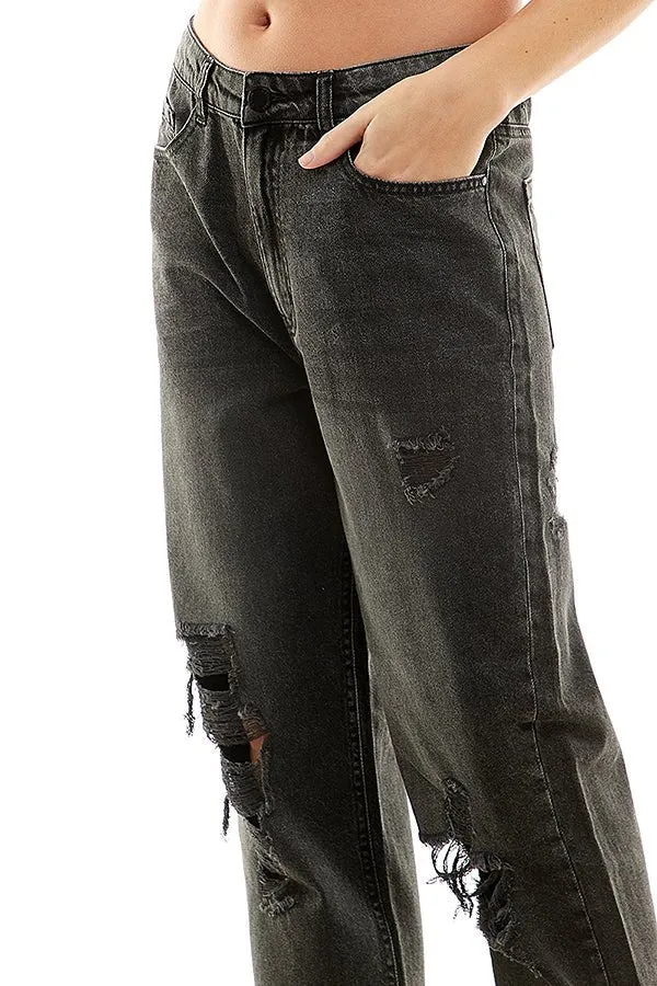 HIGH RISE RIPPED SLIM STRAIGHT JEANS