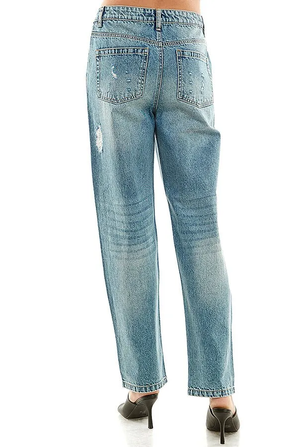 HIGH RISE RIPPED SLIM STRAIGHT JEANS