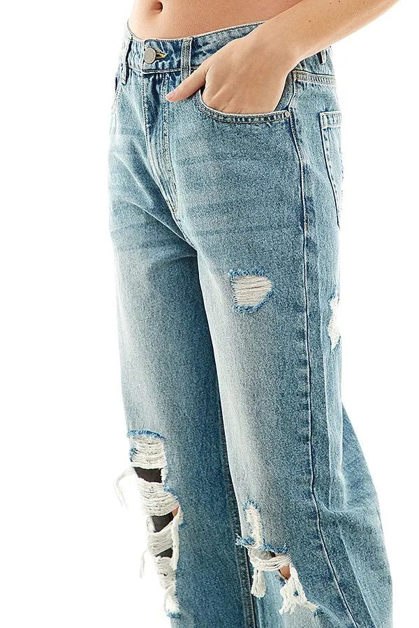HIGH RISE RIPPED SLIM STRAIGHT JEANS