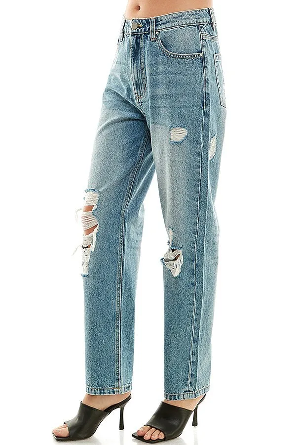 HIGH RISE RIPPED SLIM STRAIGHT JEANS