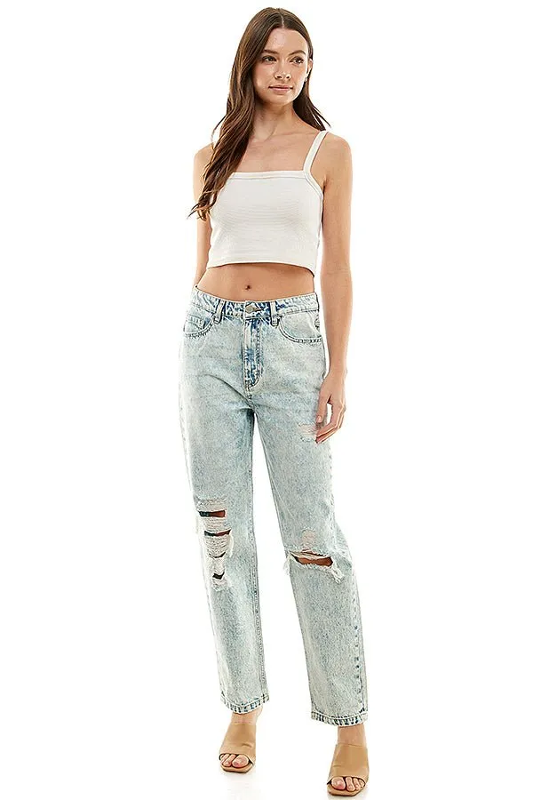 HIGH RISE RIPPED SLIM STRAIGHT JEANS
