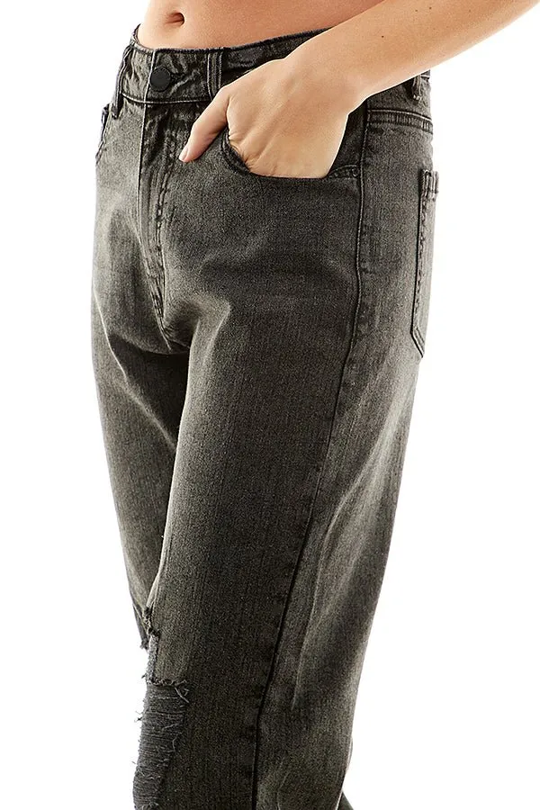 HIGH RISE RIPPED SLIM STRAIGHT JEANS