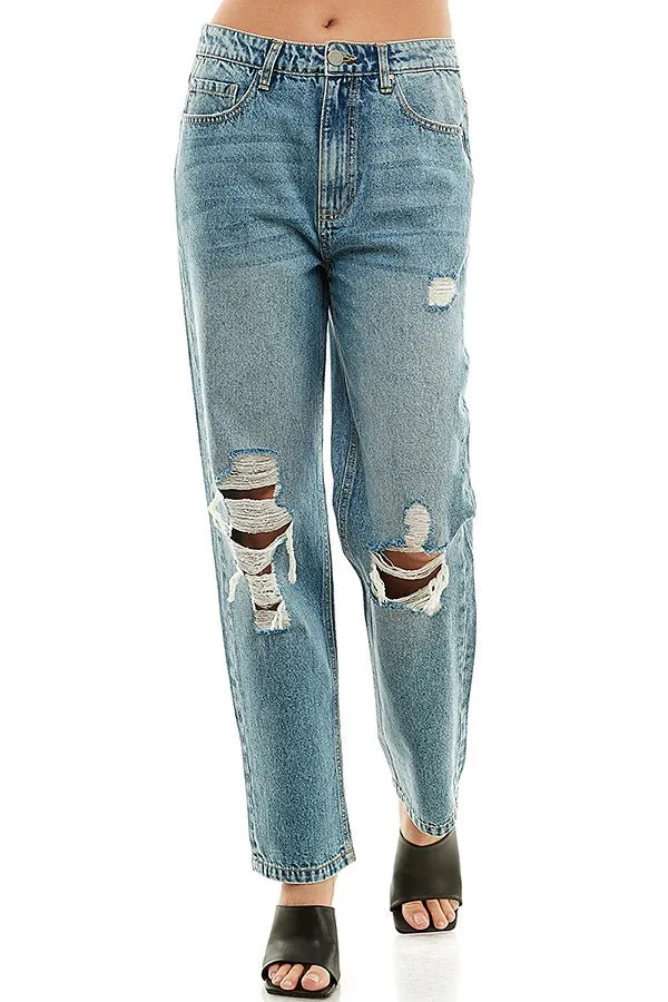HIGH RISE RIPPED SLIM STRAIGHT JEANS