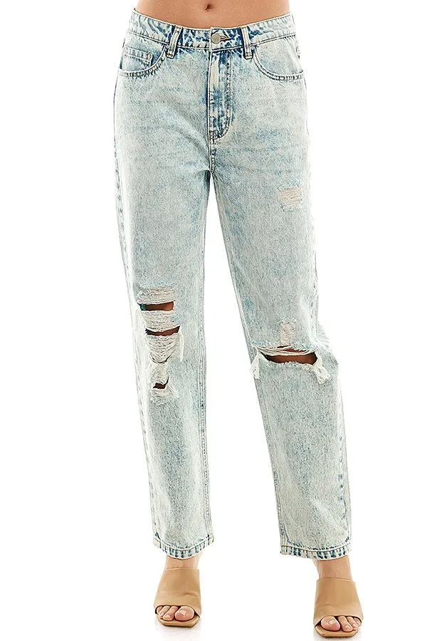 HIGH RISE RIPPED SLIM STRAIGHT JEANS