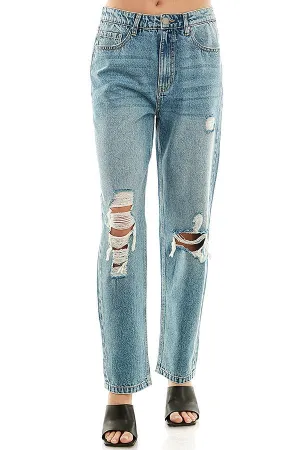 HIGH RISE RIPPED SLIM STRAIGHT JEANS