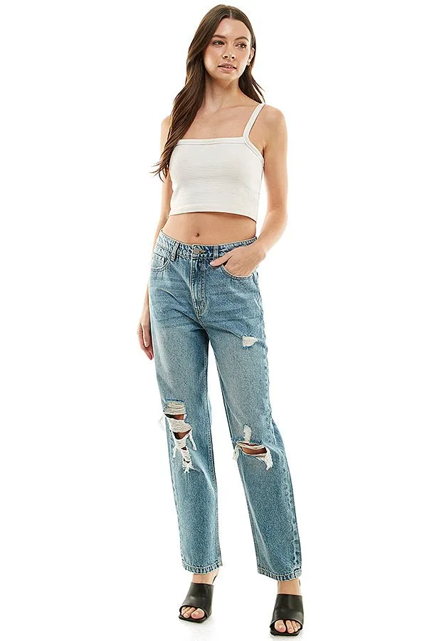 HIGH RISE RIPPED SLIM STRAIGHT JEANS