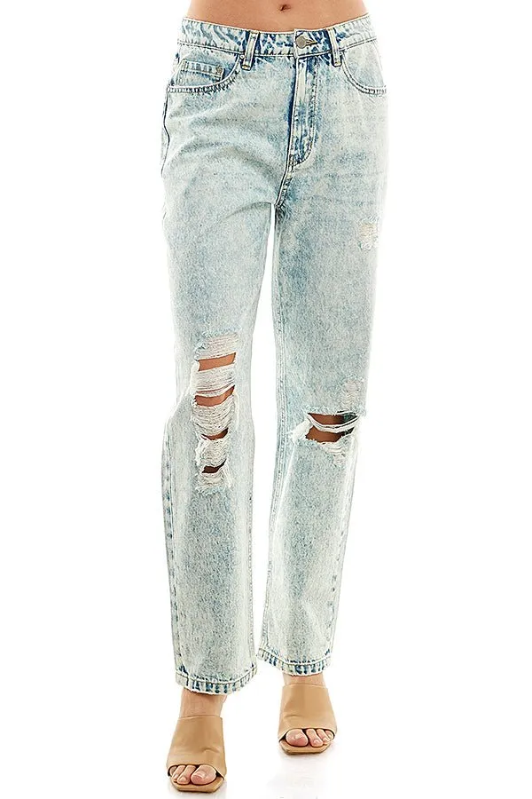 HIGH RISE RIPPED SLIM STRAIGHT JEANS