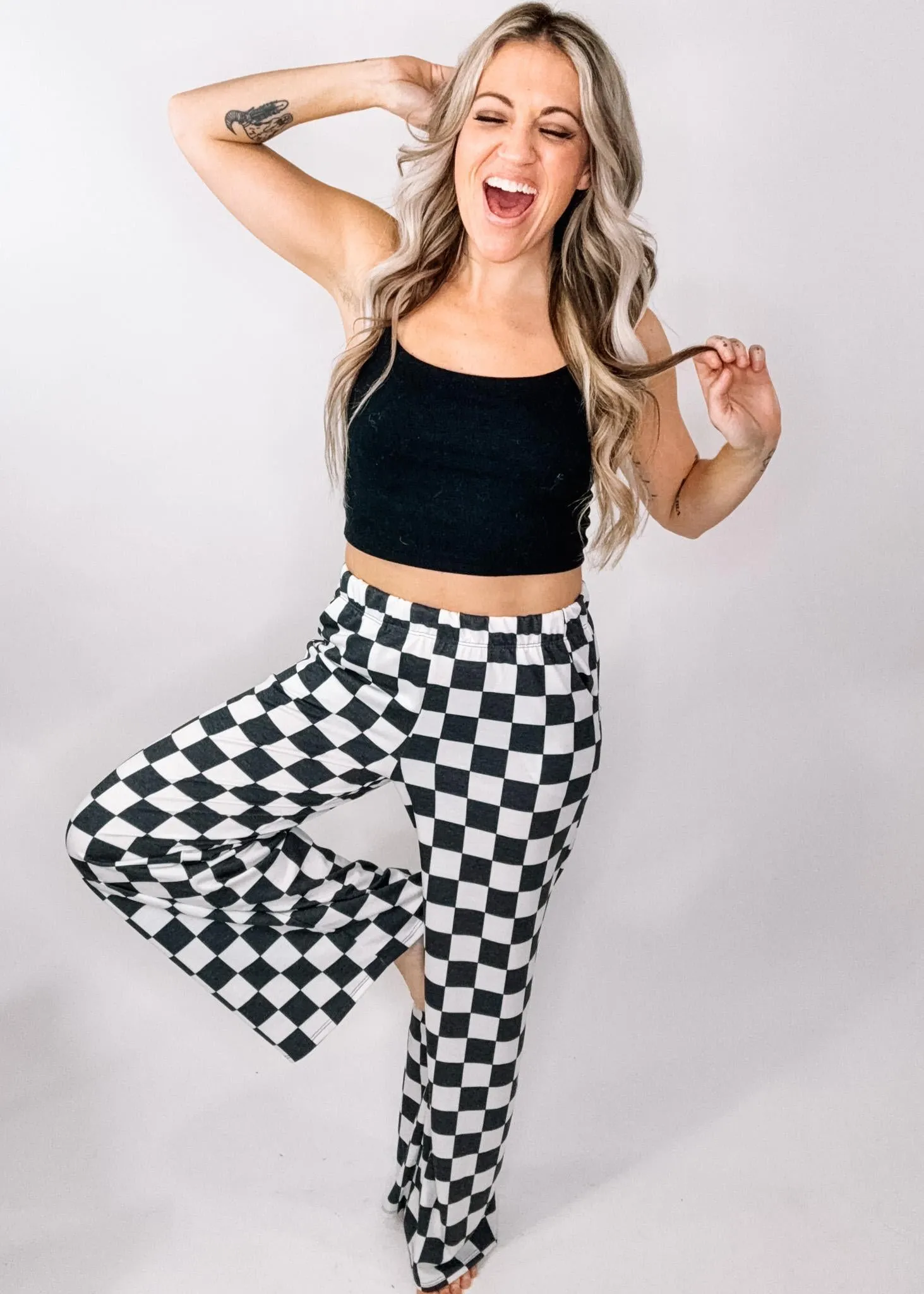 High Waist Checkered Straight Leg Pants