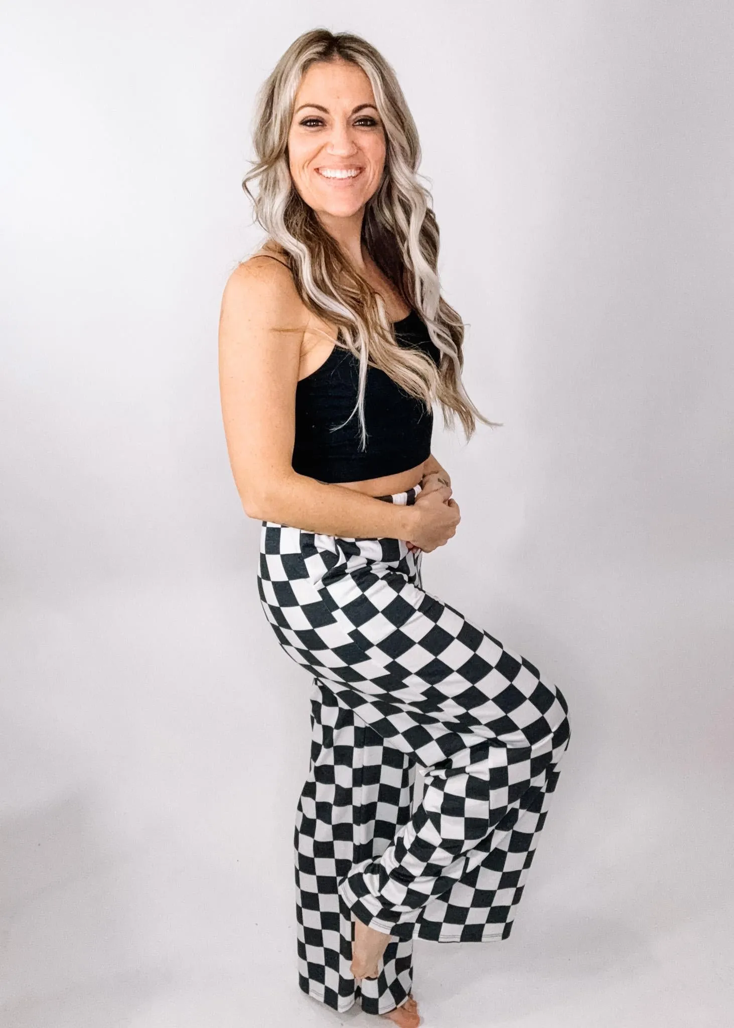 High Waist Checkered Straight Leg Pants