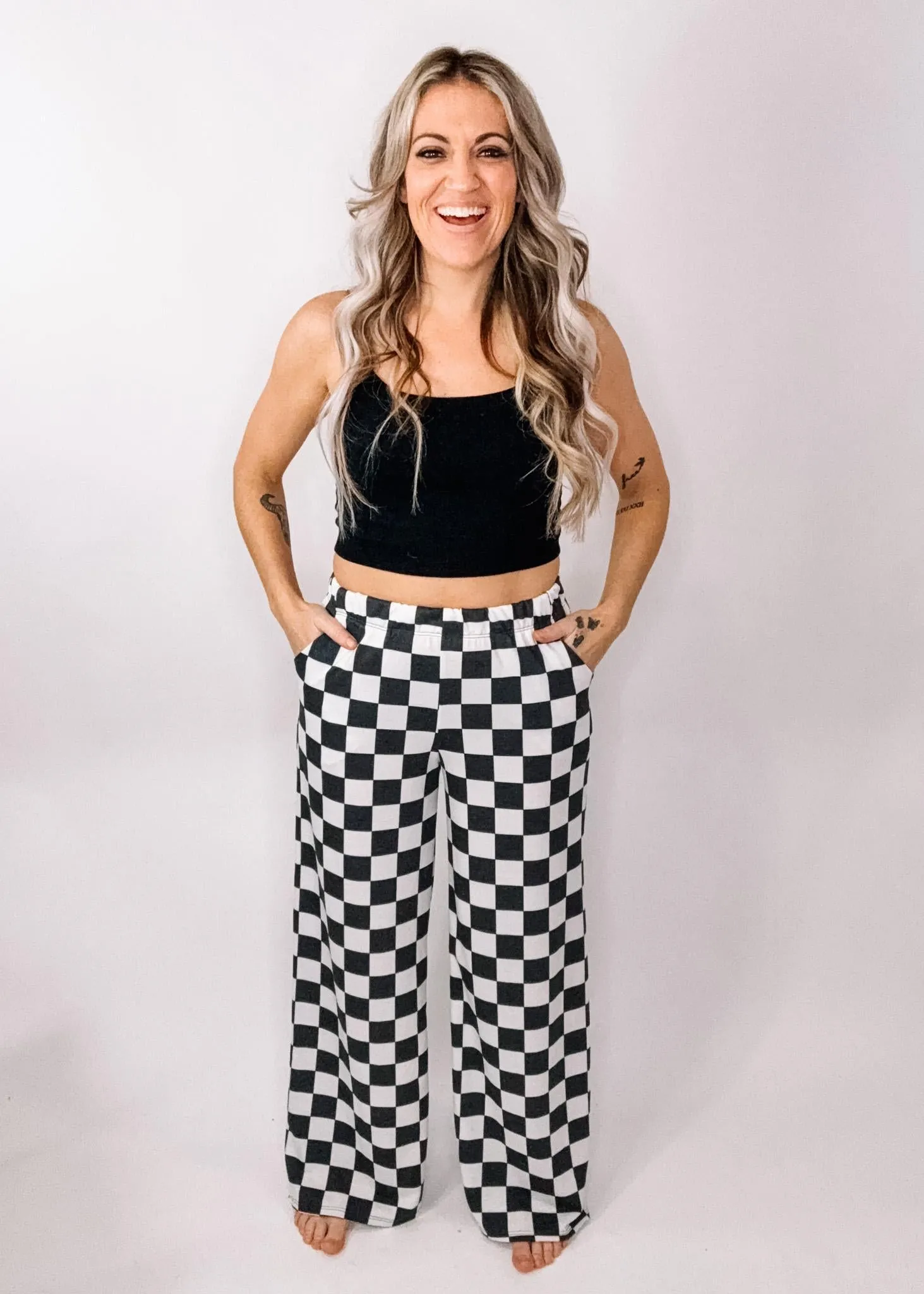 High Waist Checkered Straight Leg Pants
