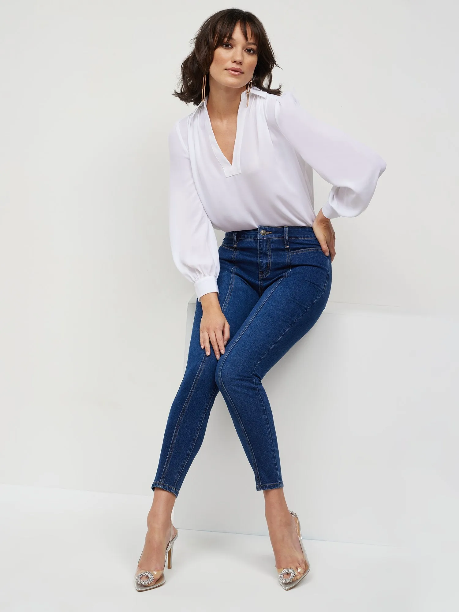 High-Waisted Seam-Detail Skinny Ankle Jeans - Medium Wash