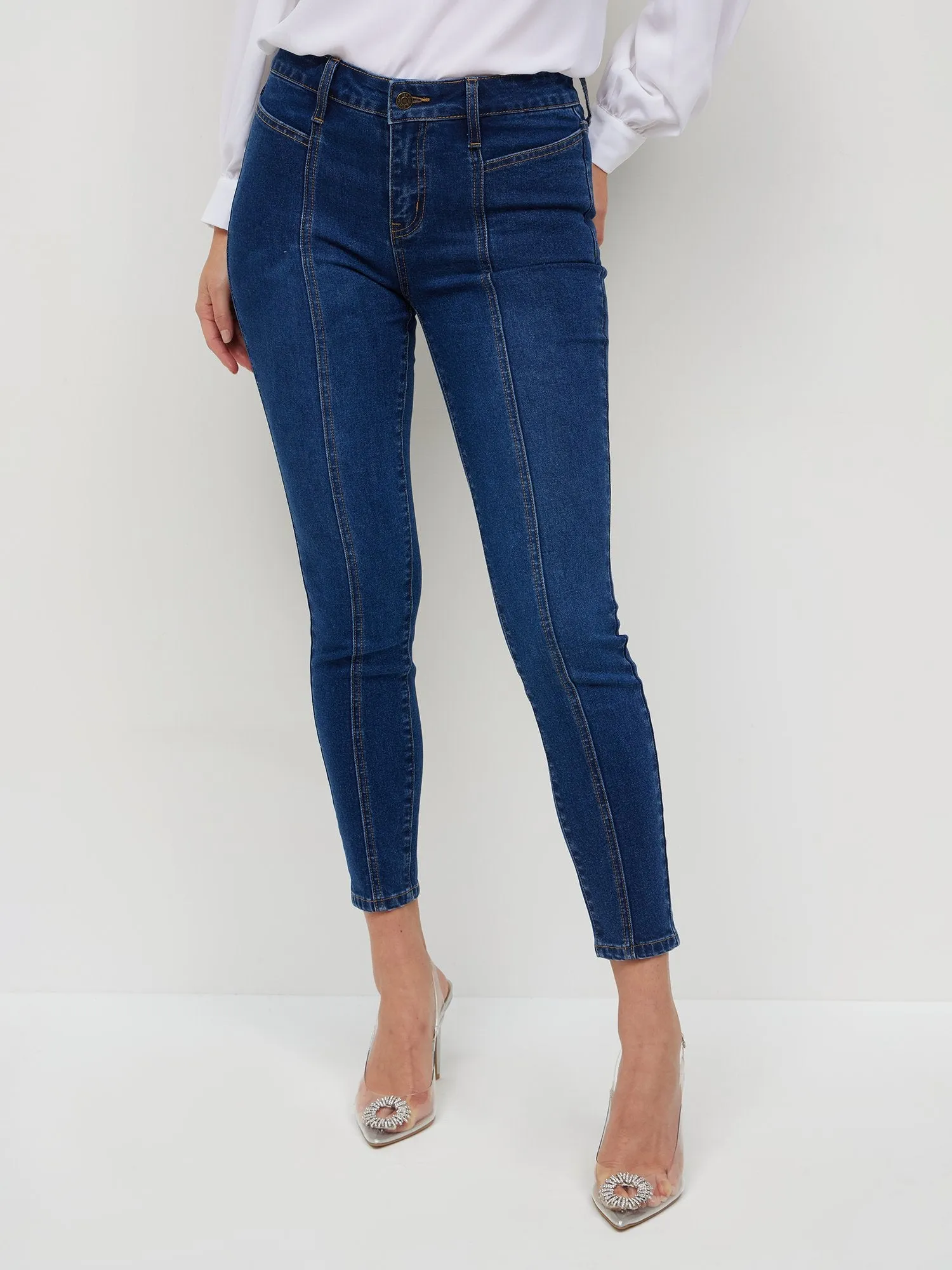 High-Waisted Seam-Detail Skinny Ankle Jeans - Medium Wash