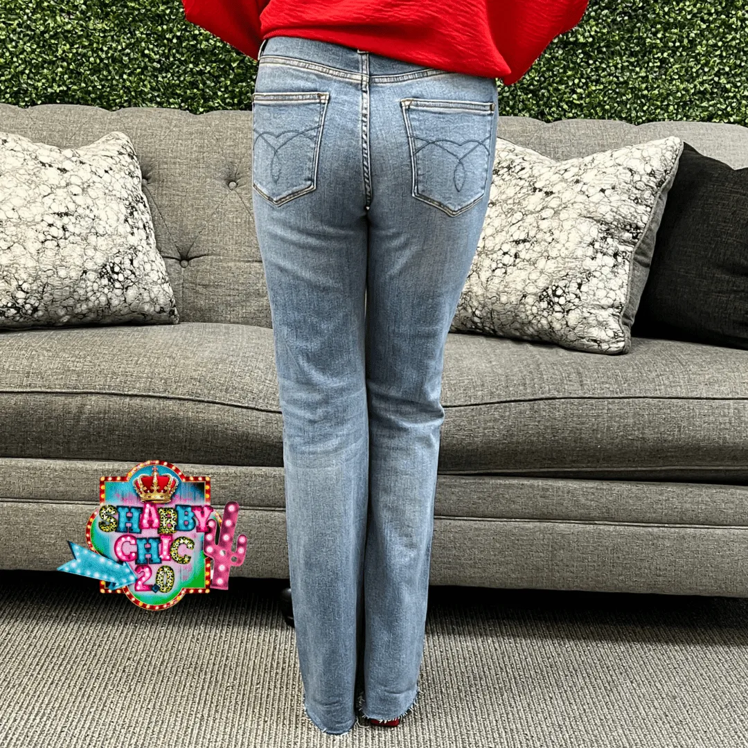 Judy Blue Mid Rise Bootcut Raw Hem Jeans