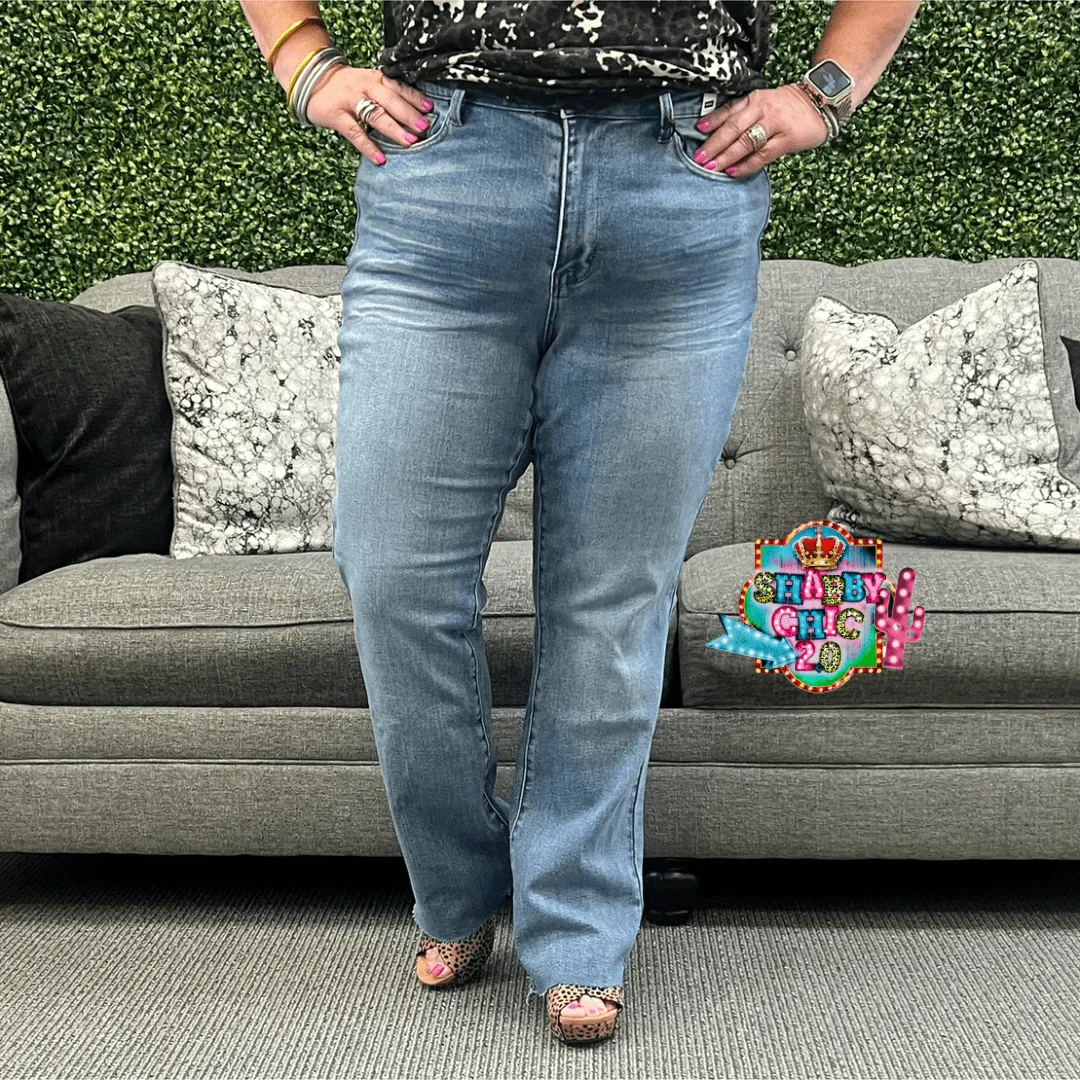 Judy Blue Mid Rise Bootcut Raw Hem Jeans