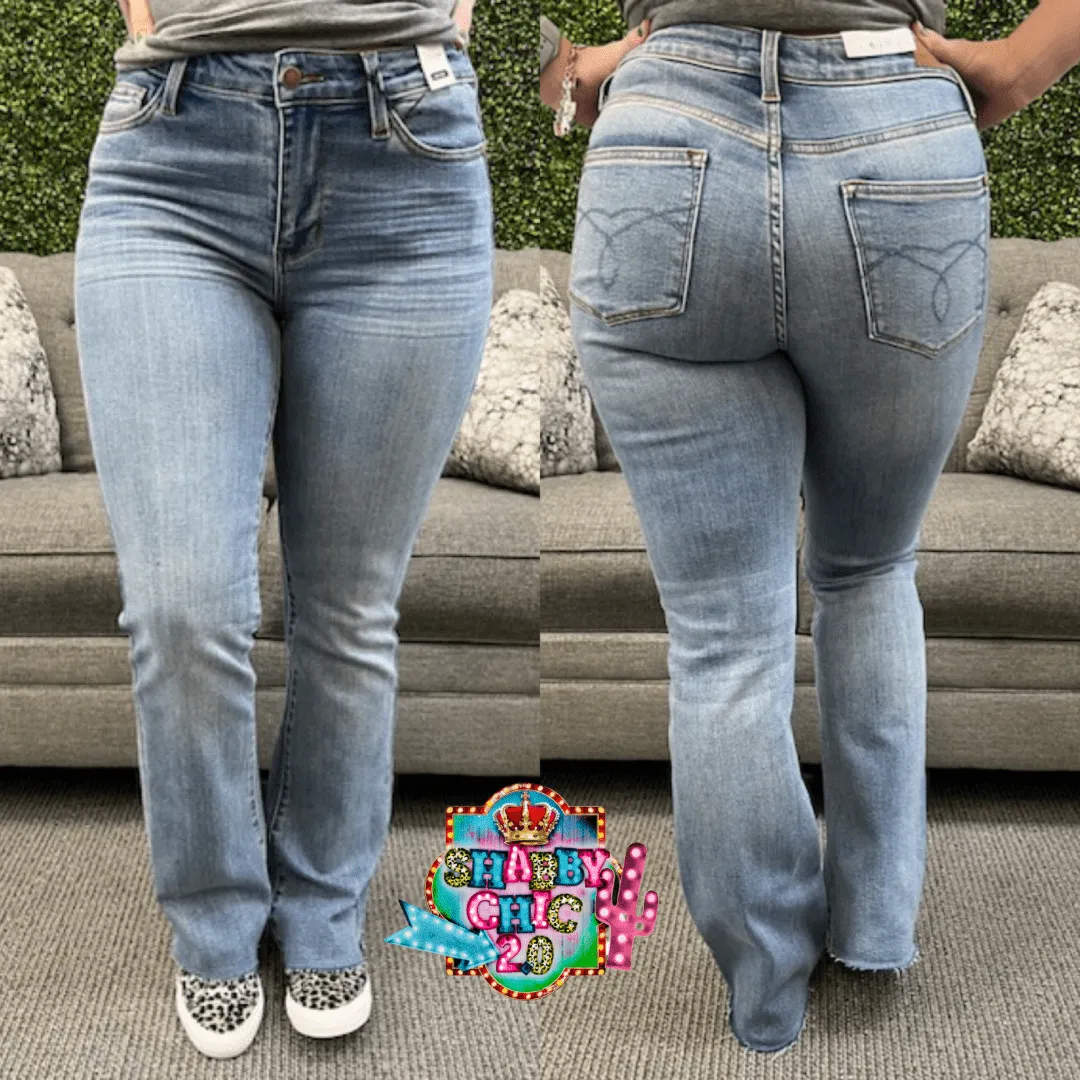 Judy Blue Mid Rise Bootcut Raw Hem Jeans