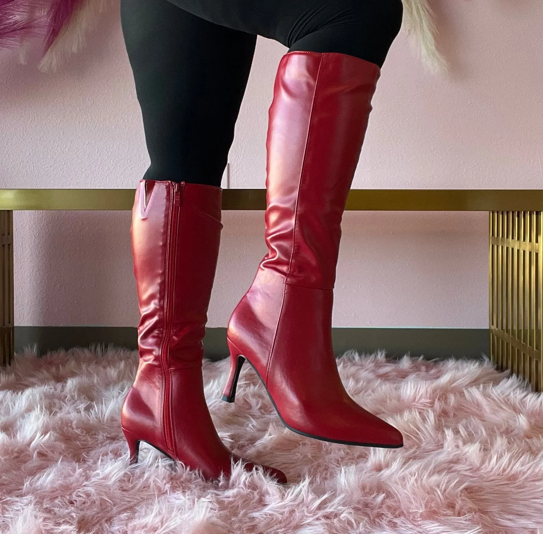 KAYLEE-1 Red Faux Leather Knee-High Boot