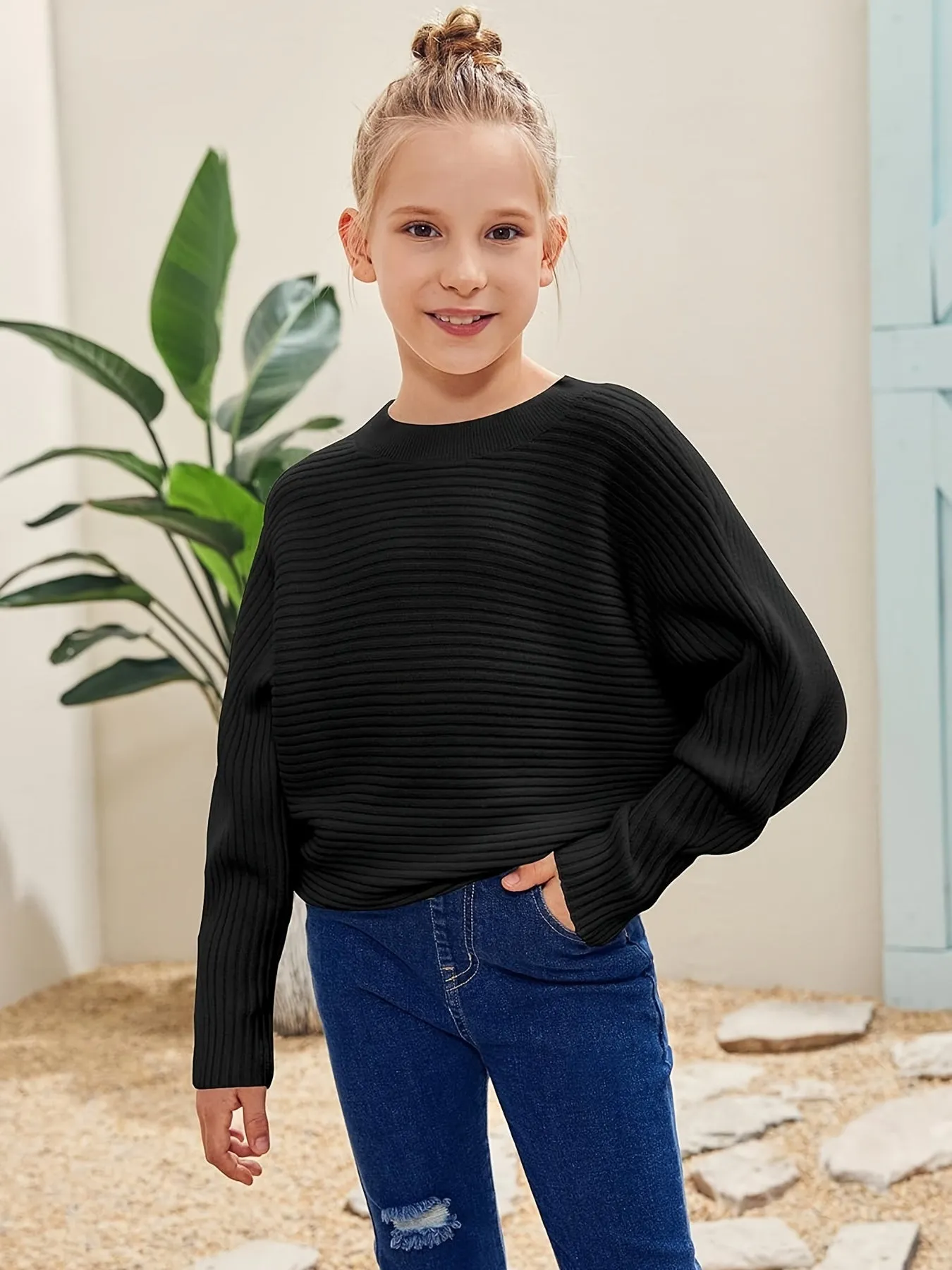 Kids' Cozy Oversized Batwing Crewneck Sweater - Soft, Chunky, Slouchy, Long Sleeve, Fall Fashion Essential for Girls - Cute Pullover Jumper Shirt for Casual Daily Wear