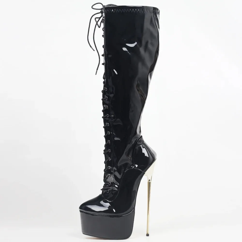 Knee-High Boots 22CM Super High Heel Platform Cross-tied Stiletto Metal Heels Prom shoes