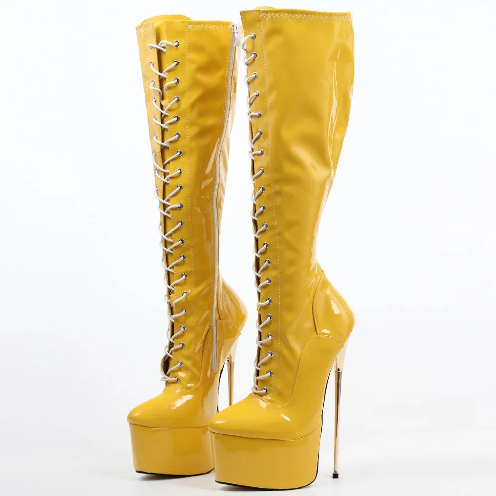 Knee-High Boots 22CM Super High Heel Platform Cross-tied Stiletto Metal Heels Prom shoes