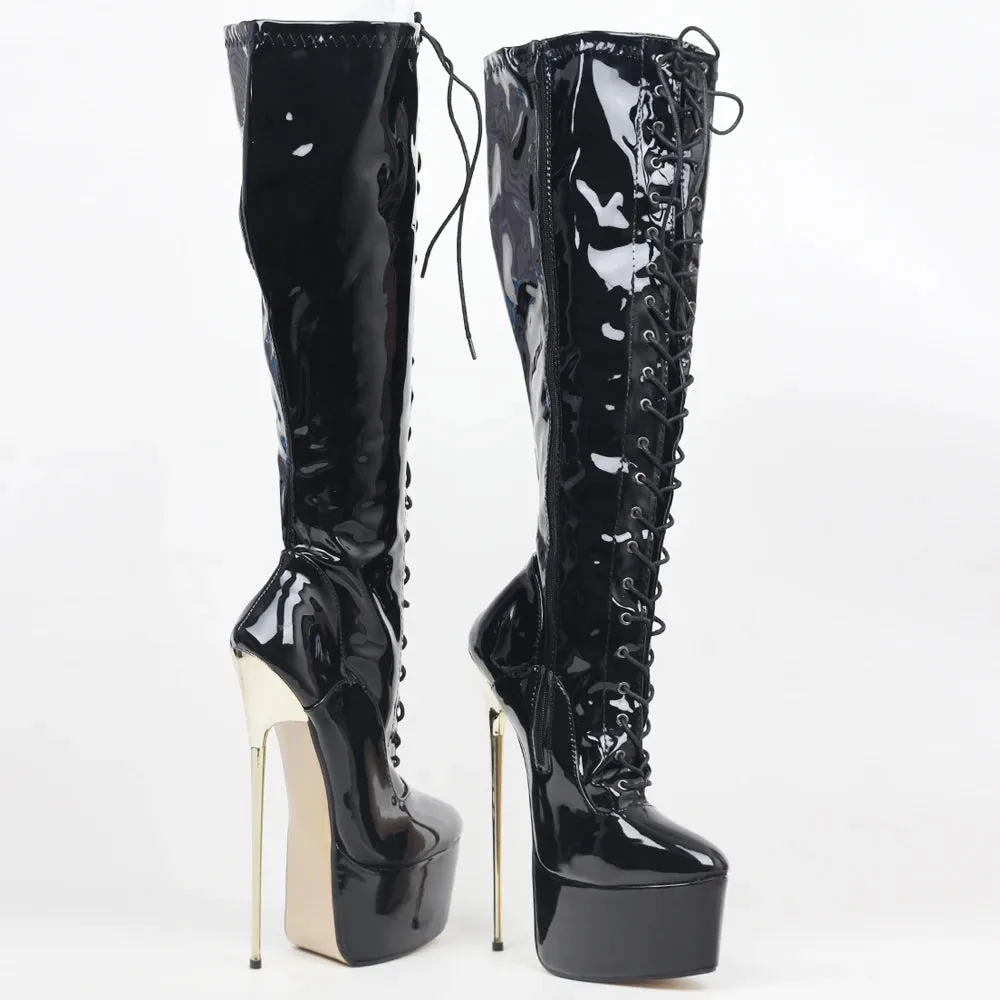 Knee-High Boots 22CM Super High Heel Platform Cross-tied Stiletto Metal Heels Prom shoes