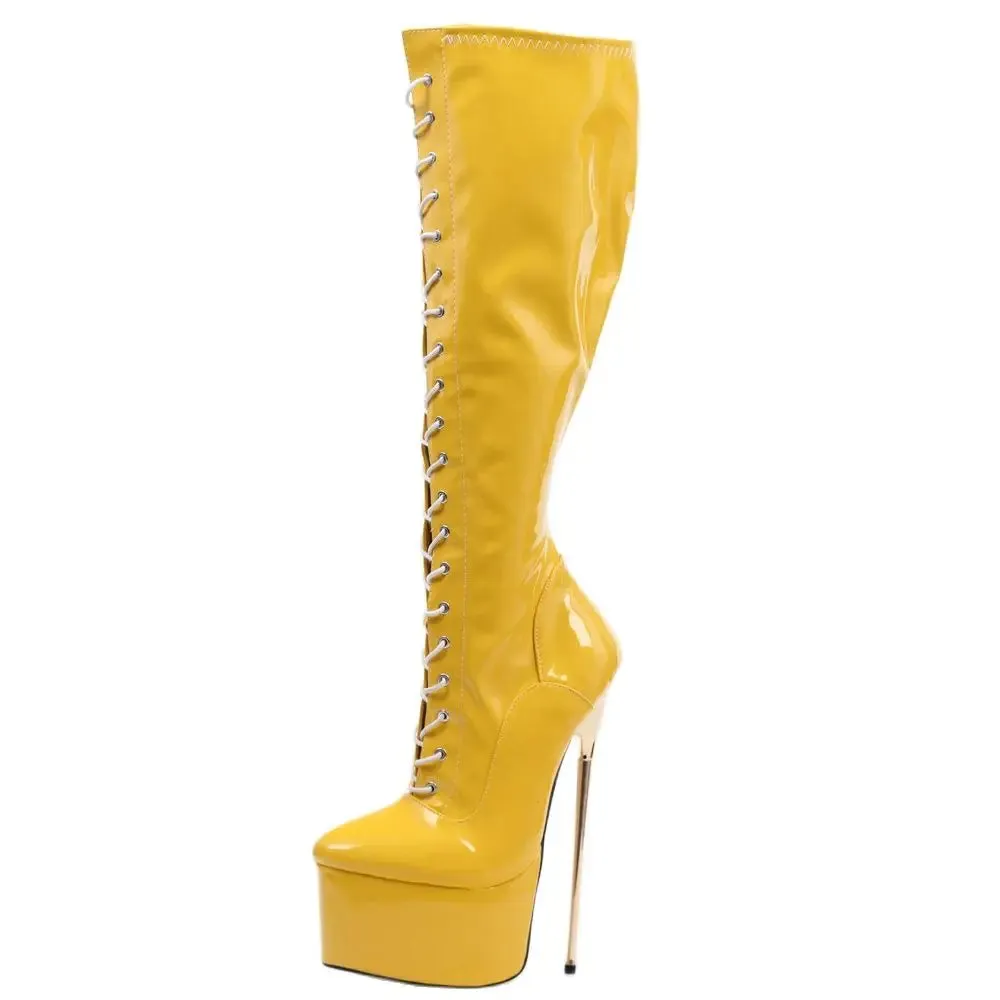 Knee-High Boots 22CM Super High Heel Platform Cross-tied Stiletto Metal Heels Prom shoes
