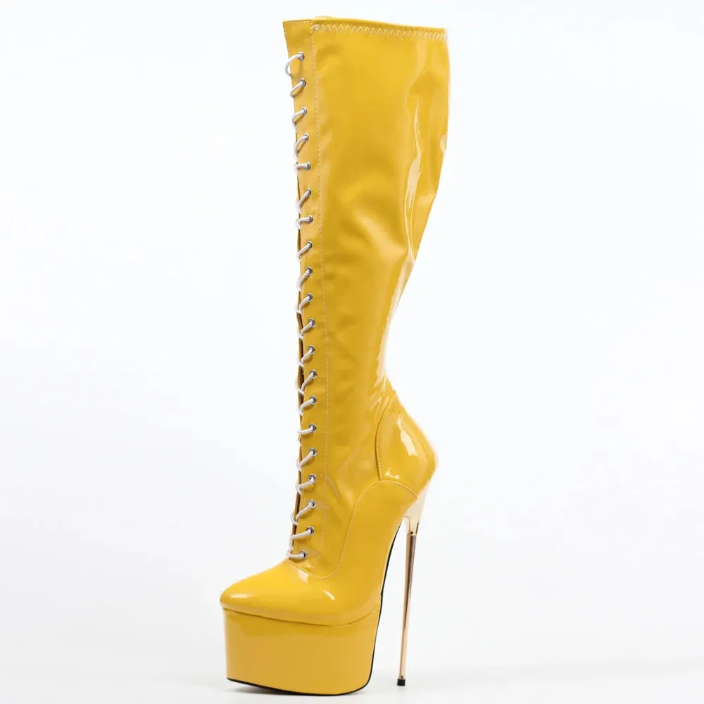 Knee-High Boots 22CM Super High Heel Platform Cross-tied Stiletto Metal Heels Prom shoes