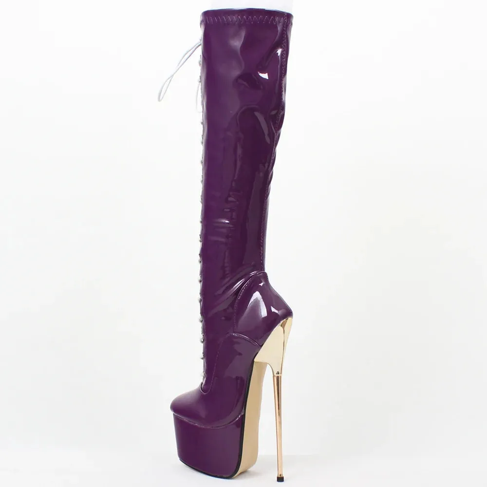 Knee-High Boots 22CM Super High Heel Platform Cross-tied Stiletto Metal Heels Prom shoes