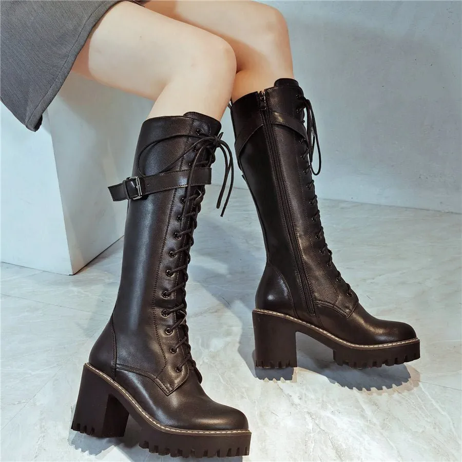 Knee High Motorcycle Boots Female Round Toe Platform Pumps Shoes
