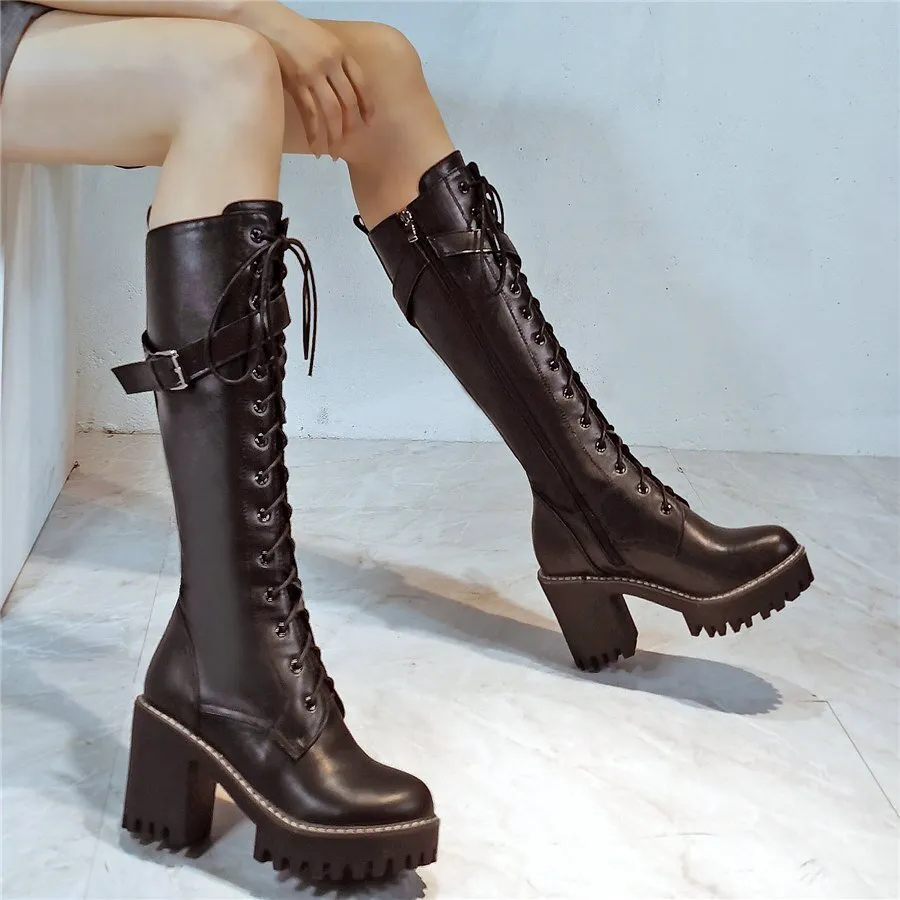 Knee High Motorcycle Boots Female Round Toe Platform Pumps Shoes