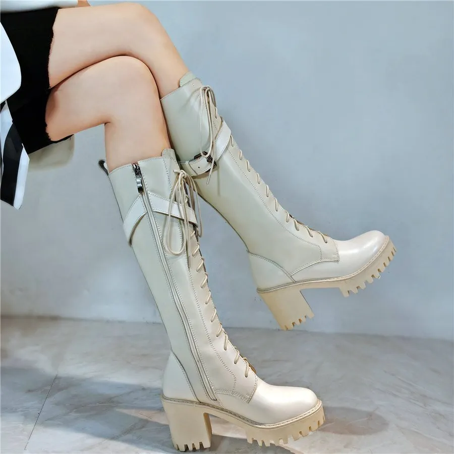Knee High Motorcycle Boots Female Round Toe Platform Pumps Shoes