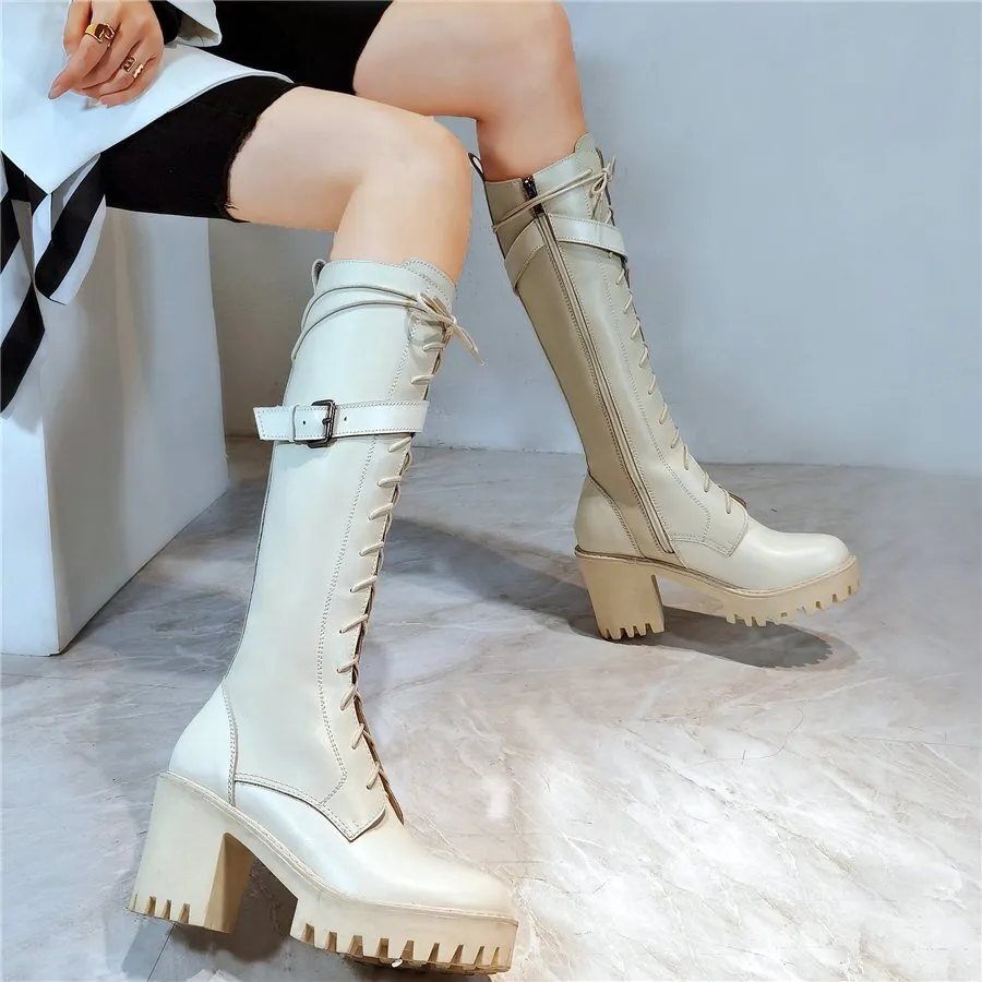Knee High Motorcycle Boots Female Round Toe Platform Pumps Shoes