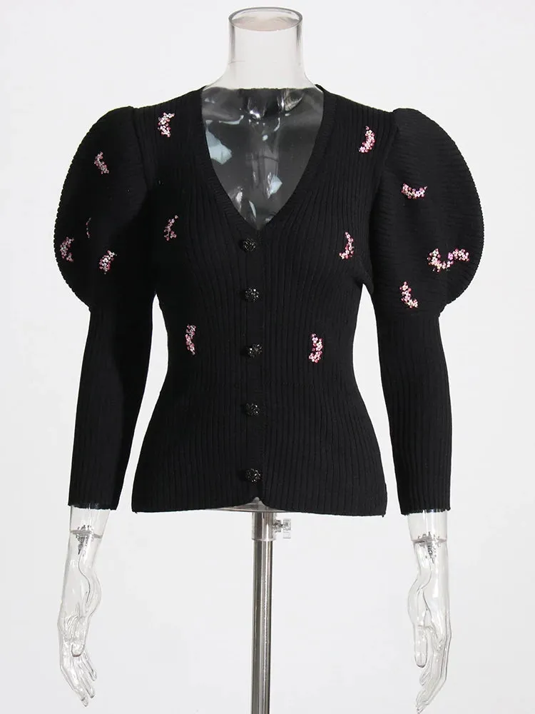 Knitted V Neck Puff Sleeve Diamond Sweaters