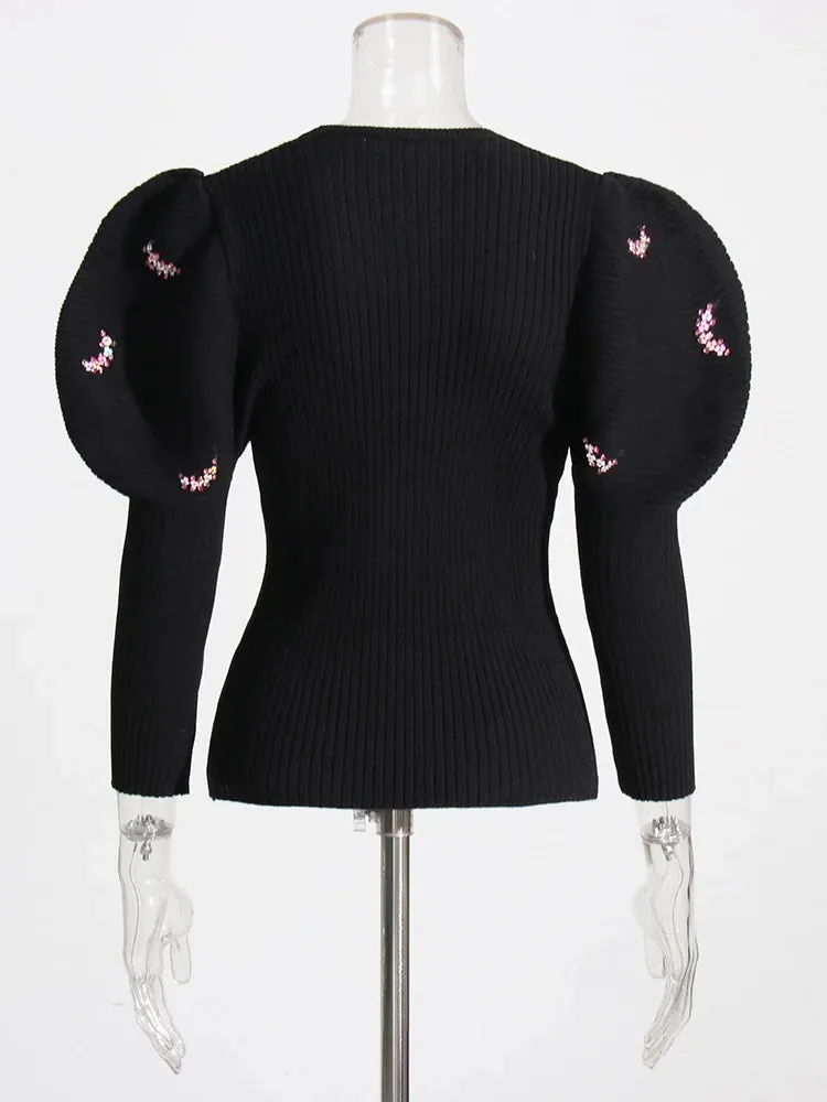Knitted V Neck Puff Sleeve Diamond Sweaters