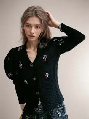 Knitted V Neck Puff Sleeve Diamond Sweaters