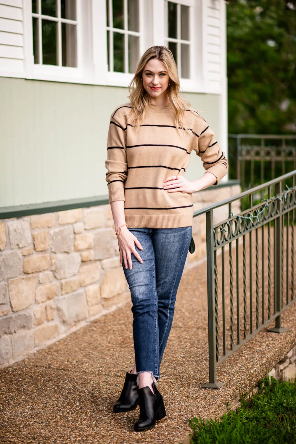 La Miel Pencil Stripe Crewneck Sweater for Women in Brown | HCS3553-COOKIEDOUGH