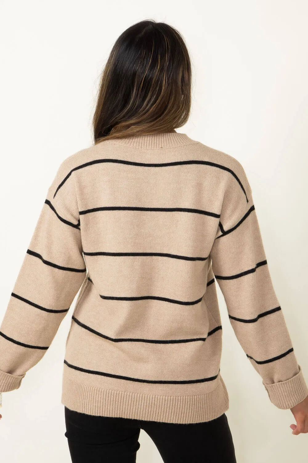 La Miel Pencil Stripe Crewneck Sweater for Women in Brown | HCS3553-COOKIEDOUGH