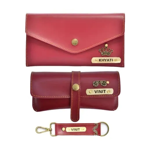 Ladies 3 Pc Combo 1.0 (Minimal Clutch 1.0, Eyewear, Keychain with Hook) (Wine Red)
