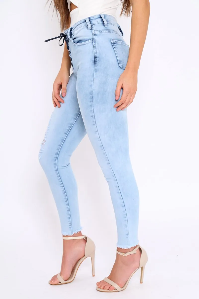 Light Blue Denim Ripped Lace Up Jeans - Zadee