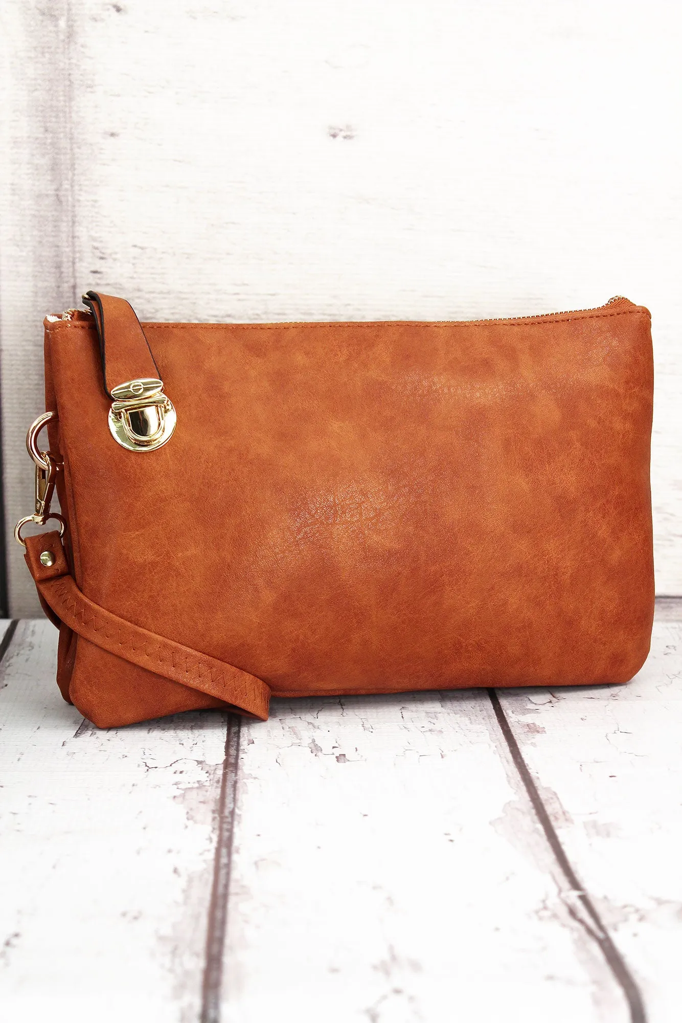 Light Brown Faux Leather Buckle Lock Crossbody Clutch