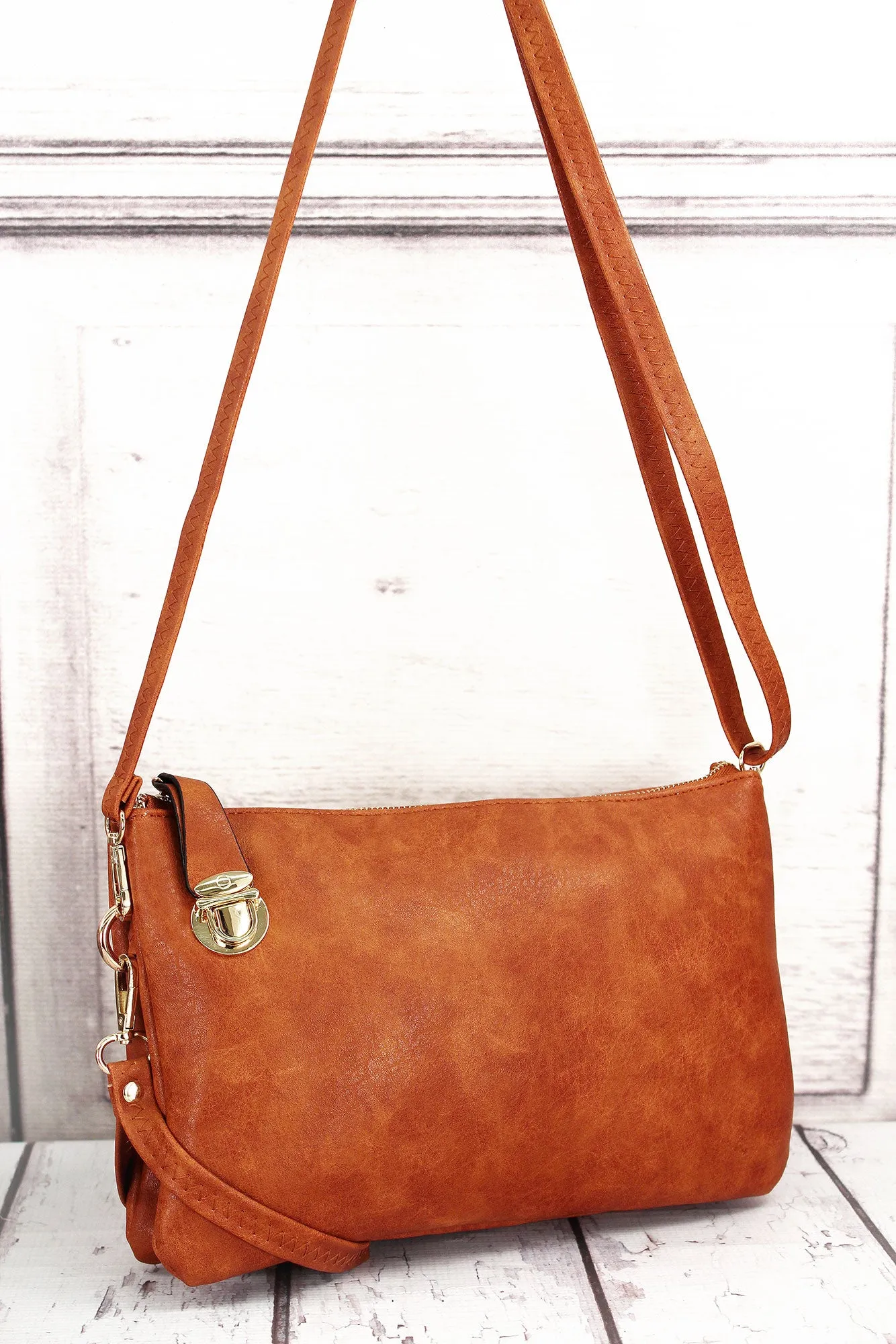 Light Brown Faux Leather Buckle Lock Crossbody Clutch