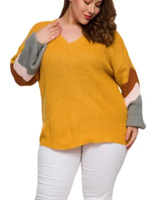 Long Sleeved Head V-neck Color Matching Fat MM Autumn and Winter Large Size Sweater