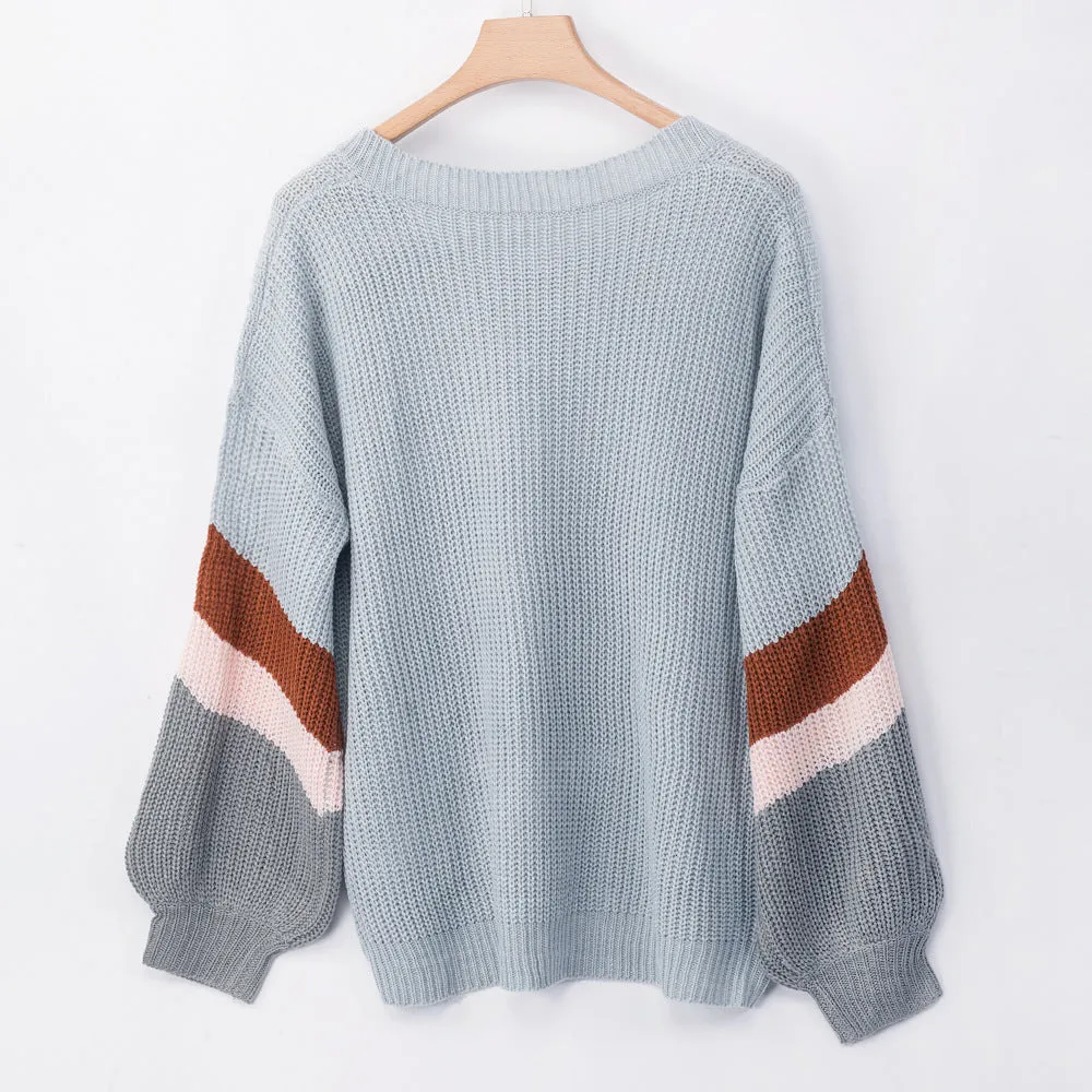 Long Sleeved Head V-neck Color Matching Fat MM Autumn and Winter Large Size Sweater