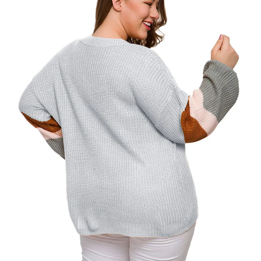 Long Sleeved Head V-neck Color Matching Fat MM Autumn and Winter Large Size Sweater