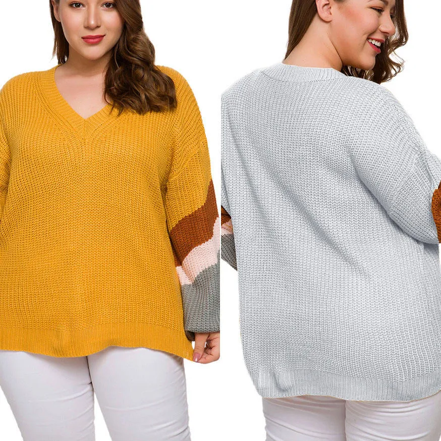 Long Sleeved Head V-neck Color Matching Fat MM Autumn and Winter Large Size Sweater