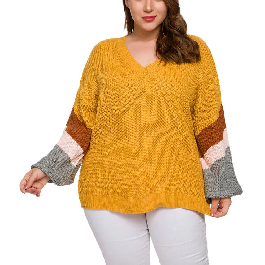 Long Sleeved Head V-neck Color Matching Fat MM Autumn and Winter Large Size Sweater