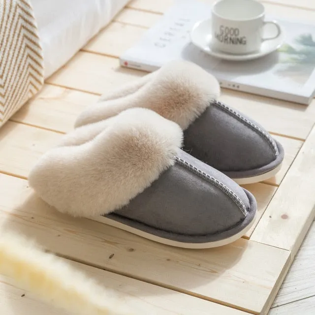 Luxury Faux Suede Full Fur Winter Warm Plush Slippers